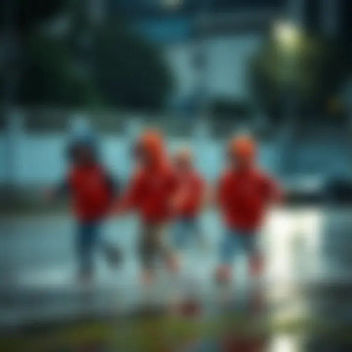 Group of children playing in the rain with Adidas jackets