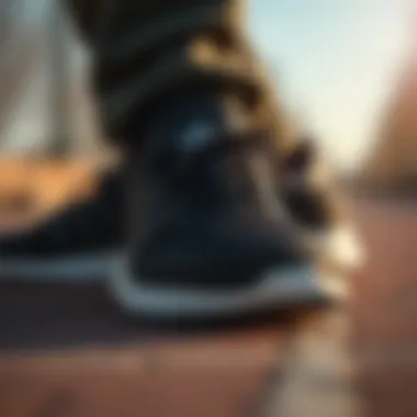 Close-up of Adidas low shoes showcasing design details