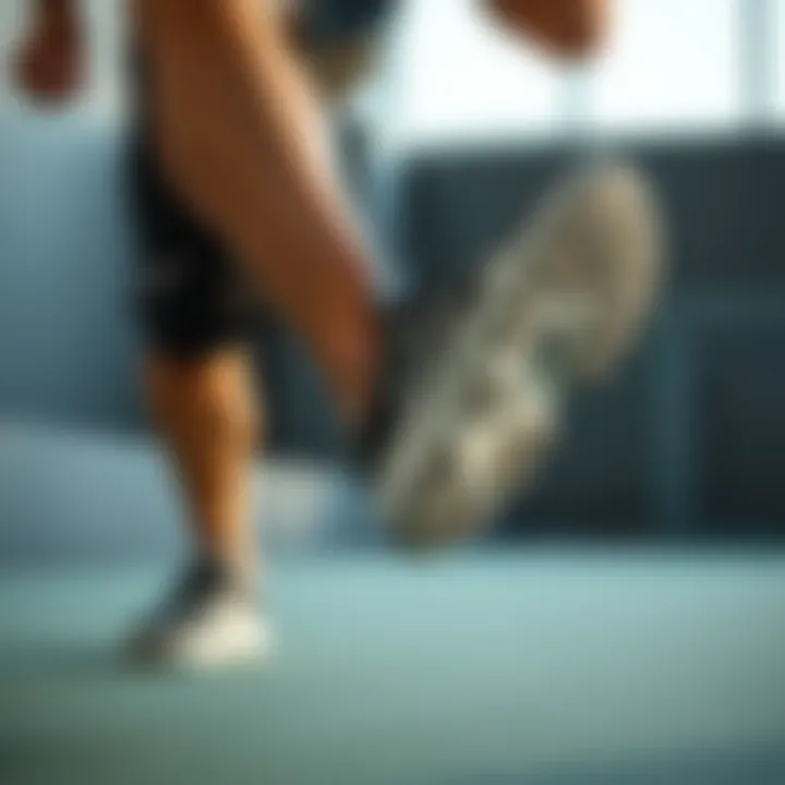 Athlete performing a dynamic movement while wearing wide sole sports shoes