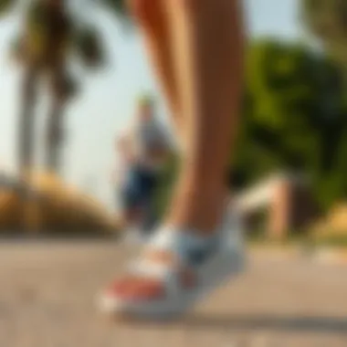 Athlete wearing Nike white sandals during casual outdoor activity