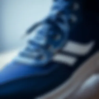 Close-up of navy blue shoe detailing and quality