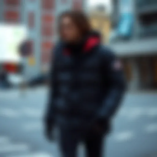 Stylish down jacket in urban environment