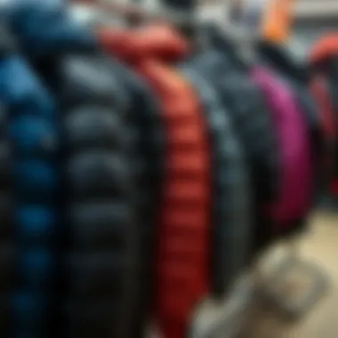 Variety of down jackets displayed on a rack