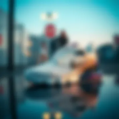 Stylish white Nike shoes on a reflective surface showcasing modern design.