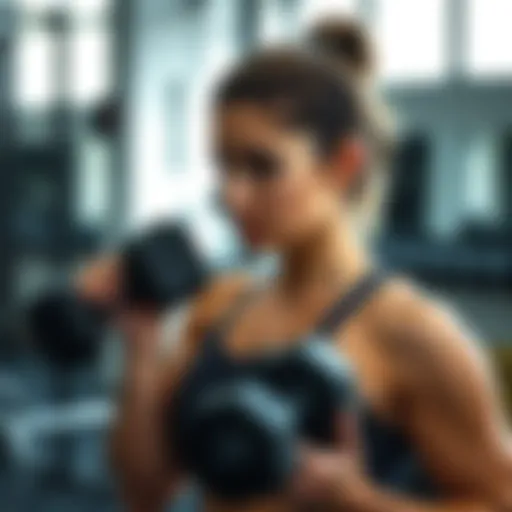 A woman performing a chest strengthening exercise with dumbbells, showcasing proper form.