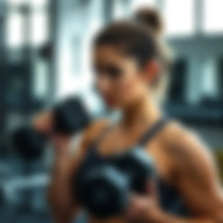 A woman performing a chest strengthening exercise with dumbbells, showcasing proper form.