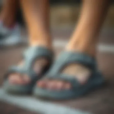 Close-up of sandals with unique design details