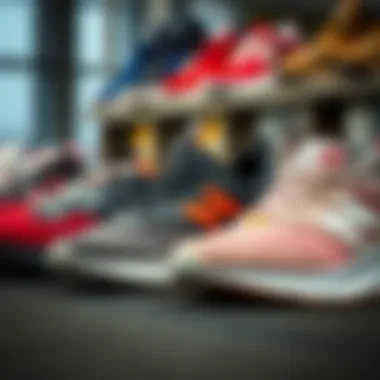 A selection of various wide sole athletic shoes displayed for comparison