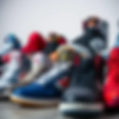 Basketball shoes arranged by different brands and styles