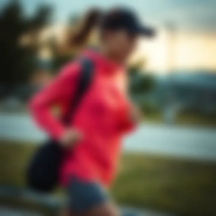 A runner wearing a fashionable running outfit with a bag