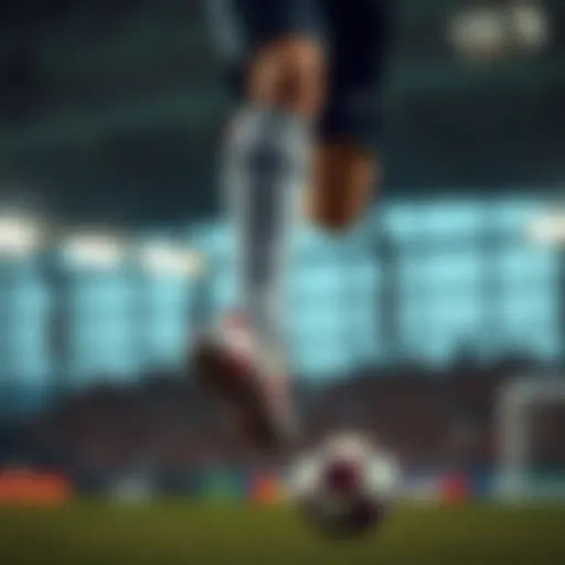 Dynamic action shot of a football player showcasing long socks during a match.