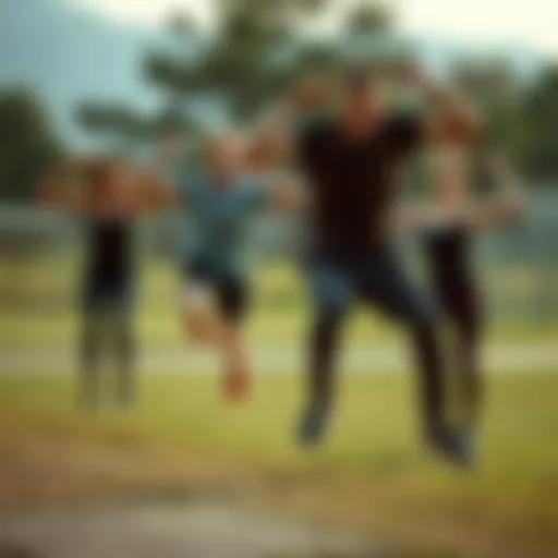 Dynamic exercise session showcasing individuals engaging in Jumping Jacks outdoors
