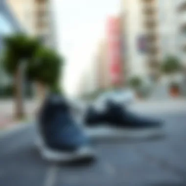 A pair of trendy sneakers on a modern urban street