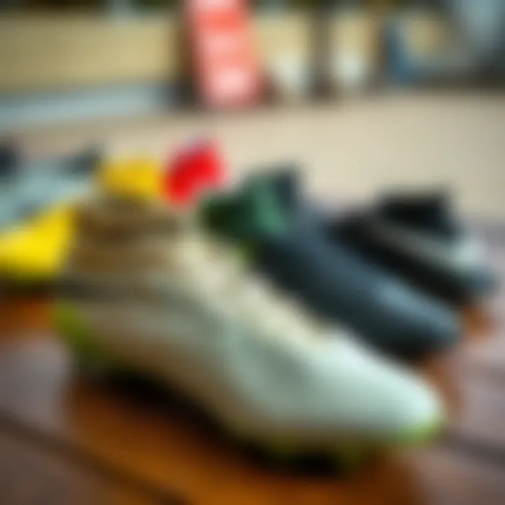 A variety of FG football boots showcased on a wooden surface