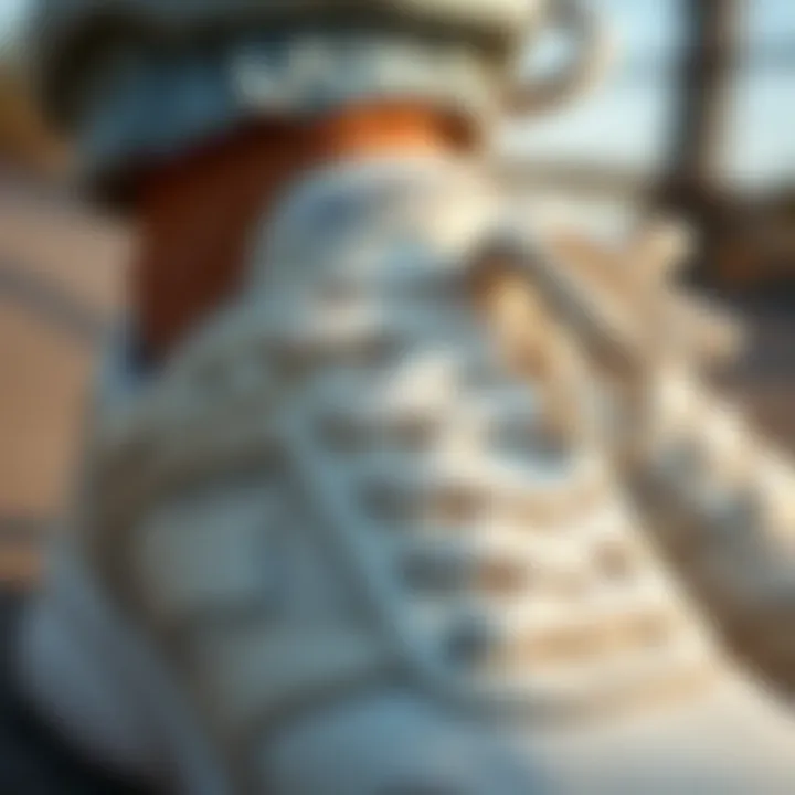 Close-up of cream Skechers showcasing design details