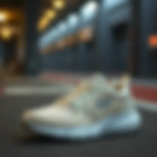 Stylish cream Skechers shoes on a trendy surface