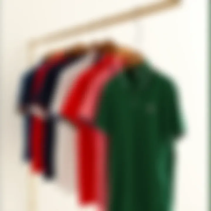 A collection of Lacoste polo shirts in various colors and designs