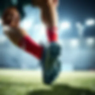 An athlete demonstrating the performance of blue turf shoes on the field.