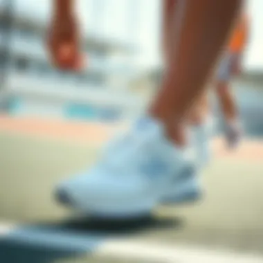 An action shot of someone engaging in sports while wearing New Balance white shoes.