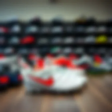 Diverse range of Nike soccer shoes displayed in a showroom