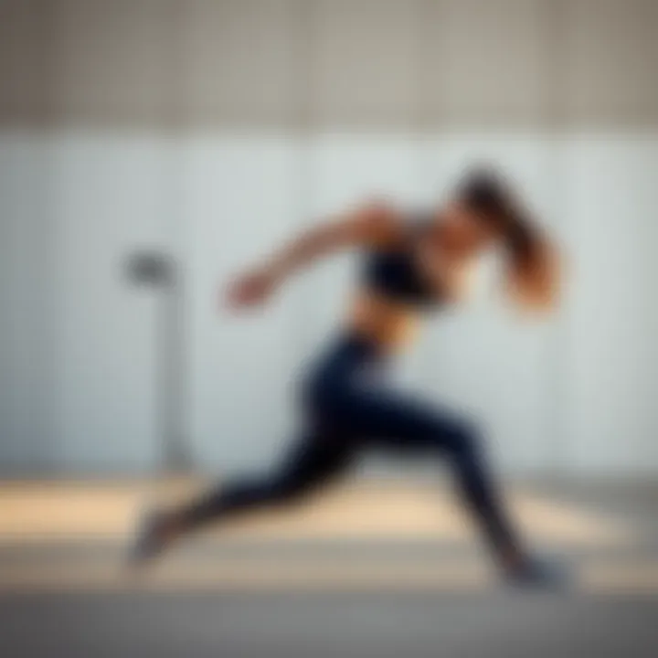 Dynamic pose showcasing flexibility in Nike navy leggings