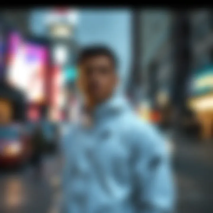 A person wearing a Nike white jacket in an urban setting