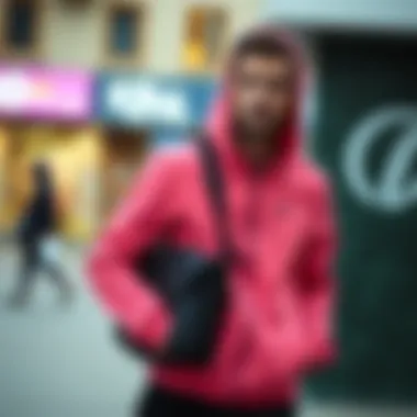 Lifestyle shot featuring the pink Nike jacket in casual wear