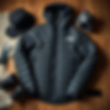 A stylistic flat lay of the North Face Thermoball jacket with winter accessories