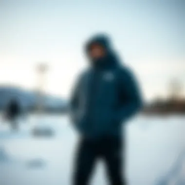An outdoor scene featuring a person wearing the North Face Thermoball jacket against a snowy backdrop