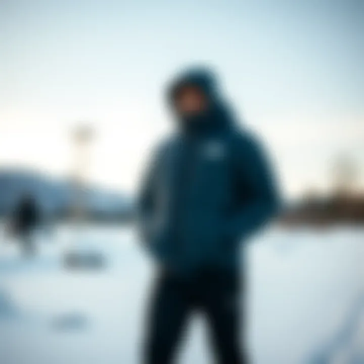 An outdoor scene featuring a person wearing the North Face Thermoball jacket against a snowy backdrop