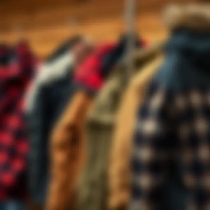 A collection of lumberjack jackets in various colors and styles.