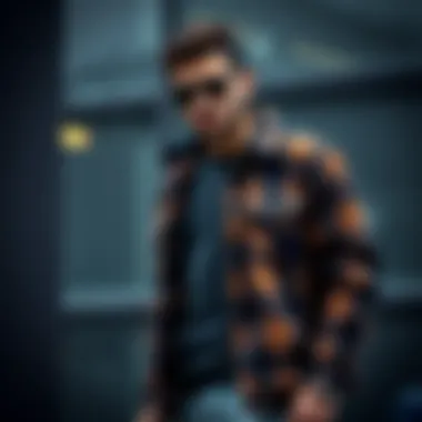 A fashionable outfit featuring a lumberjack jacket, paired with casual accessories.