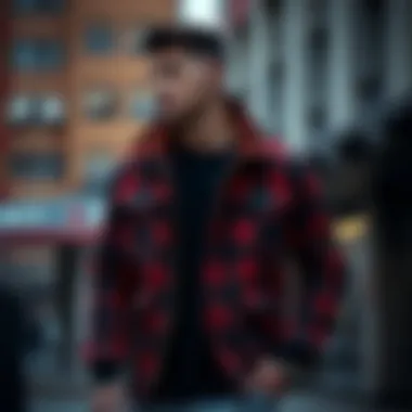A stylish lumberjack jacket displayed in a modern urban setting.