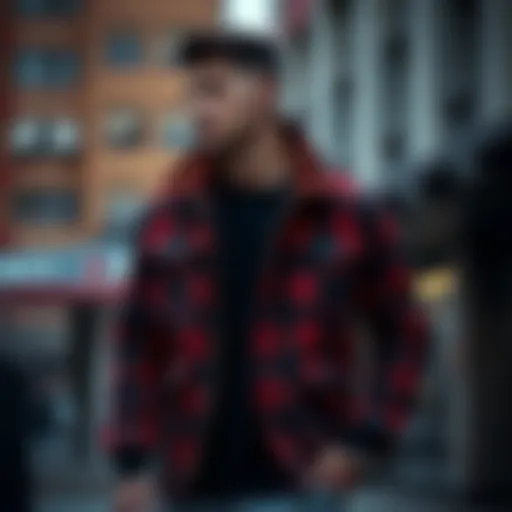A stylish lumberjack jacket displayed in a modern urban setting.
