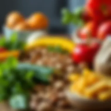 An assortment of healthy foods including fruits, vegetables, and nuts