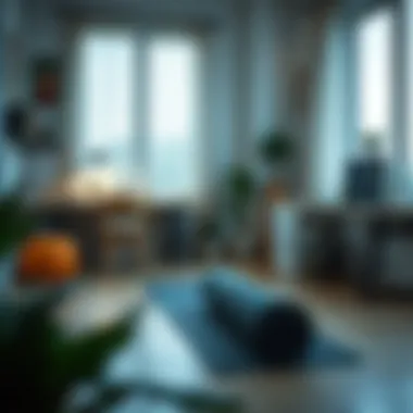 A serene home workspace with a yoga mat and fitness equipment