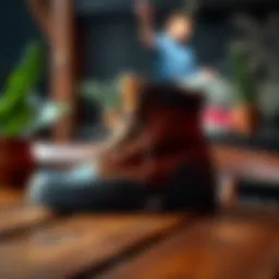 Stylish outdoor boots placed on a rustic wooden table