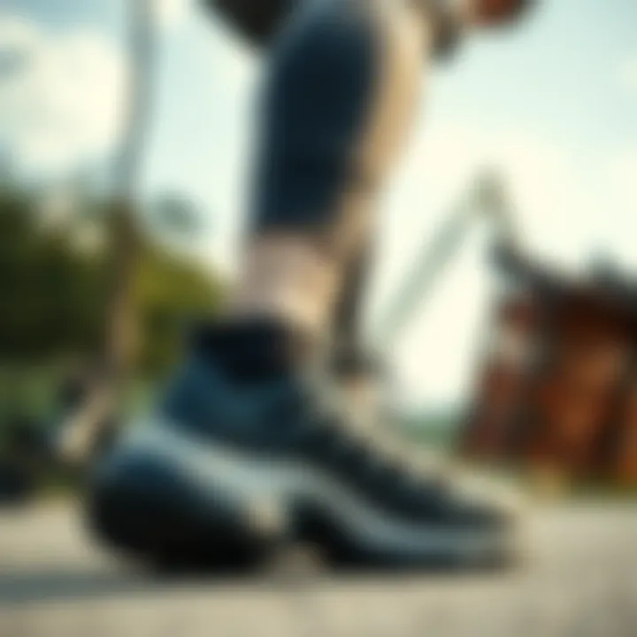 Individual exercising outdoors in wide sole sports footwear highlighting style and performance