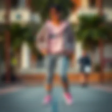 Fashion-Forward Outfit with Pink Nike Footwear A fashion-forward individual showcasing an outfit paired with pink Nike footwear