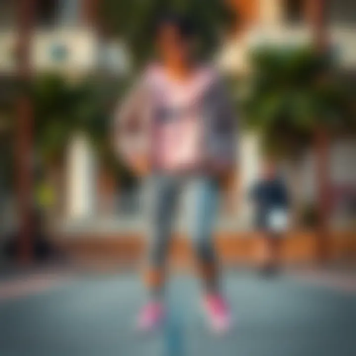 Fashion-Forward Outfit with Pink Nike Footwear A fashion-forward individual showcasing an outfit paired with pink Nike footwear