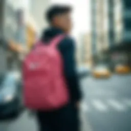 Stylish pink Nike backpack showcased in an urban setting