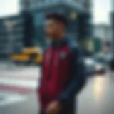 Stylish representation of the PSG rain jacket in an urban setting.