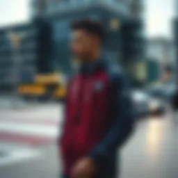 Stylish representation of the PSG rain jacket in an urban setting.