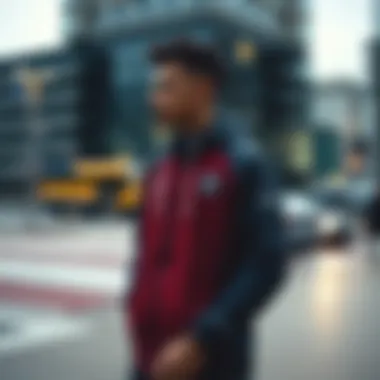 Stylish representation of the PSG rain jacket in an urban setting.