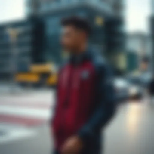 Stylish representation of the PSG rain jacket in an urban setting.