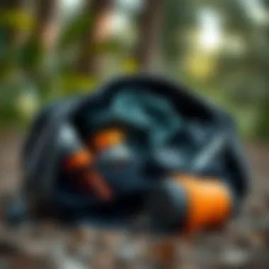 A close-up of a running bag with essential items packed