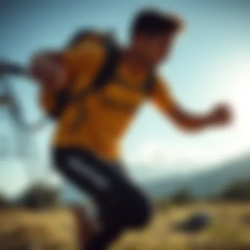 Dynamic action shot featuring an athlete wearing Salomon gear in a natural setting