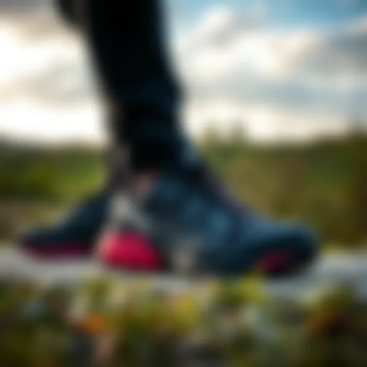 A stylish arrangement of Salomon Outline GTX against an outdoor backdrop, emphasizing its aesthetic appeal.