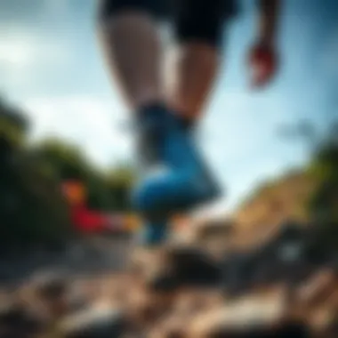 A dynamic shot of Salomon Outline GTX in action on a rugged trail.