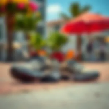 A stylish pair of summer scooter shoes on a vibrant outdoor setting